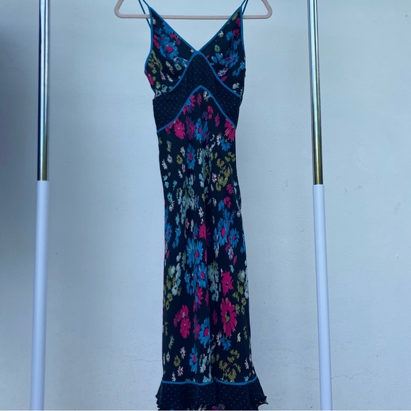 Y2K 100% Silk Black Multicolor Floral & Polka Dot Slip Dress Size 1/2 - Picture 1 of 10